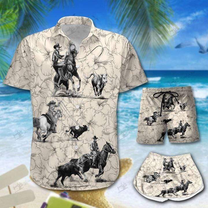 Calf Roping Hibiscus Pattern Hawaiian Aloha Shirts Or Beach/ Women Shorts #Dh