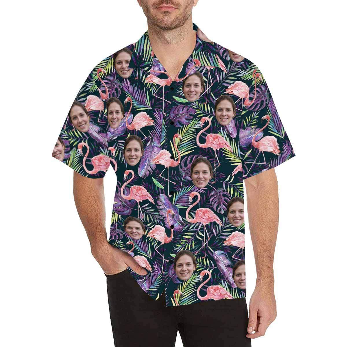 Custom Face Flamingo Purple Leaf Men's All Over Print Hawaiian Shirt