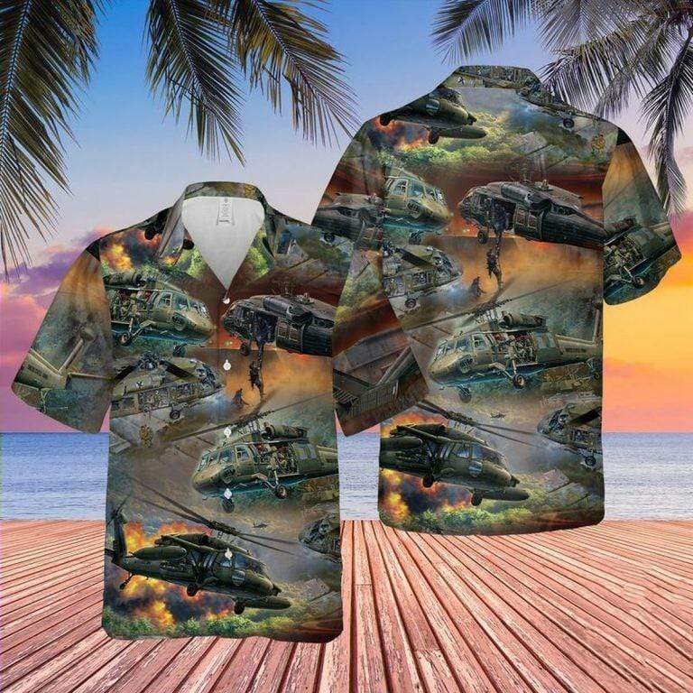 Hawaiian Aloha Shirts - Beach Shorts U.S Army Helicopter Sikorsky Uh-60 Black Hawk