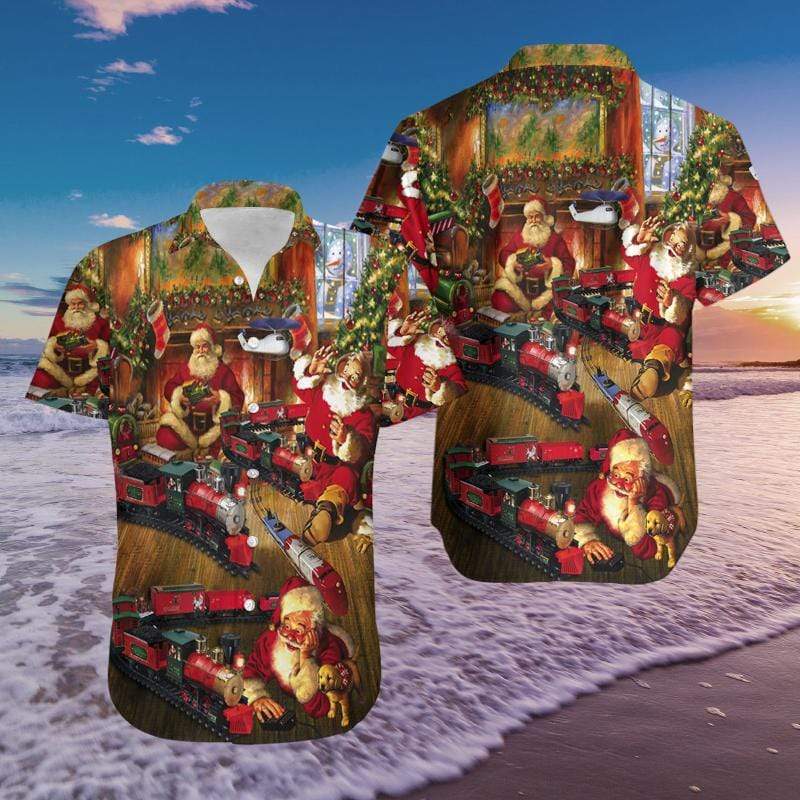 Funny Santa Claus Playing Train Hawaiian Shirts