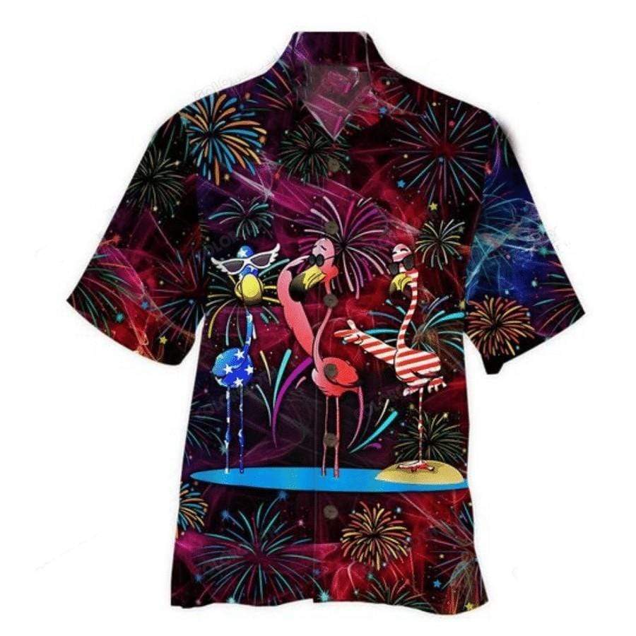 Hawaiian Aloha Shirts Flamingo Colorful Fireworks 4Th Of July