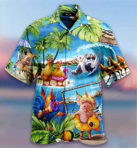 Hawaiian Aloha Shirts Stay Cool Duck Rooster Pig And Cow