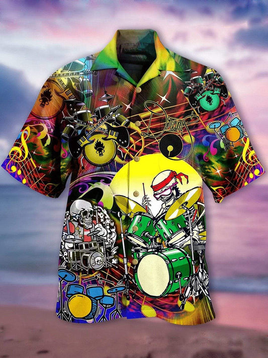 Halloween Skull Skeleton Playing Drum Hawaiian Aloha Shirts for Drummer #H