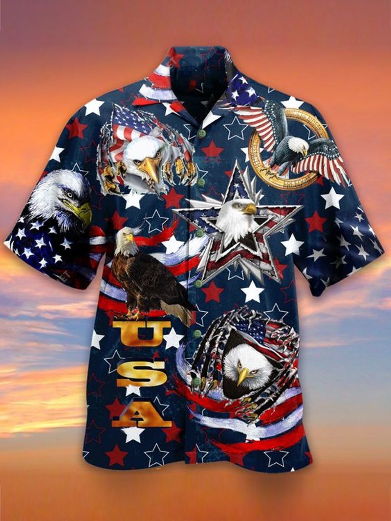 Eagle Veteran Graphic Print Short Sleeve Hawaiian Shirt