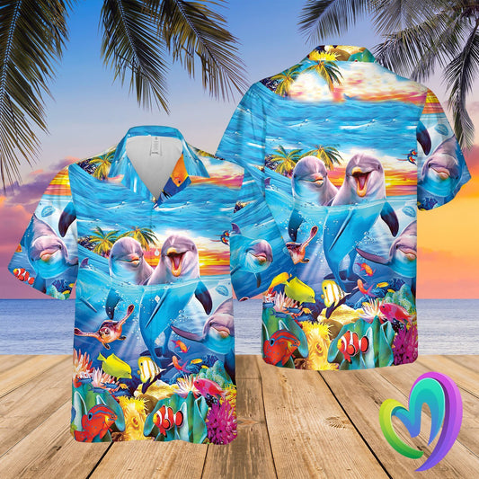 Dolphin Hawaiian Summer Beach Shirt Funny Aloha