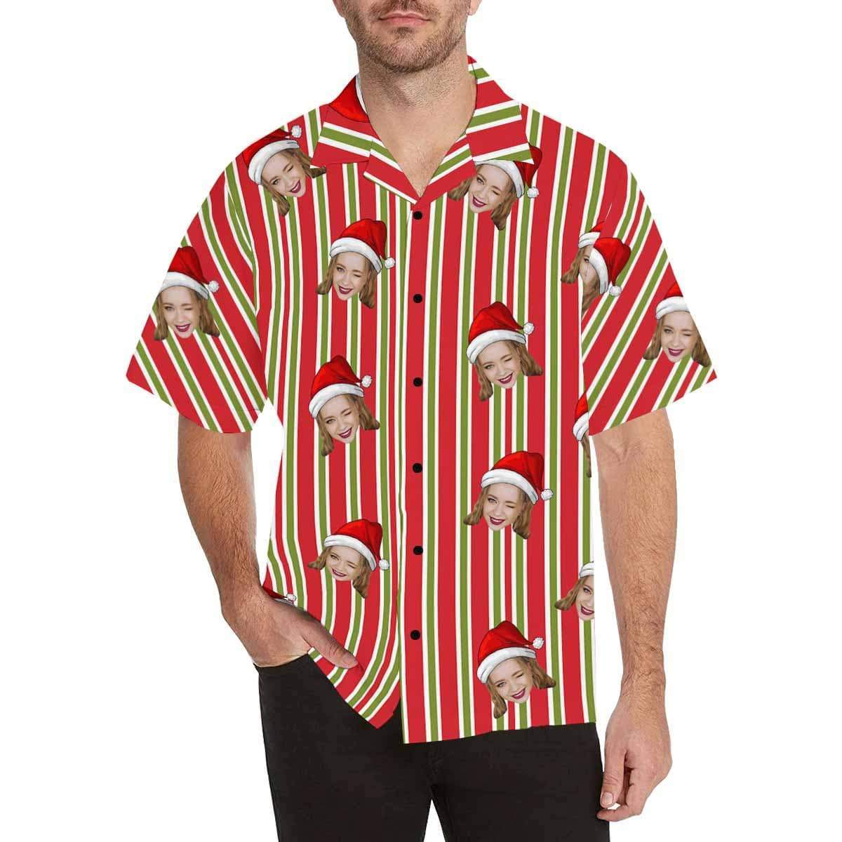 Custom Face Christmas Stripe Men's Hawaiian Shirt