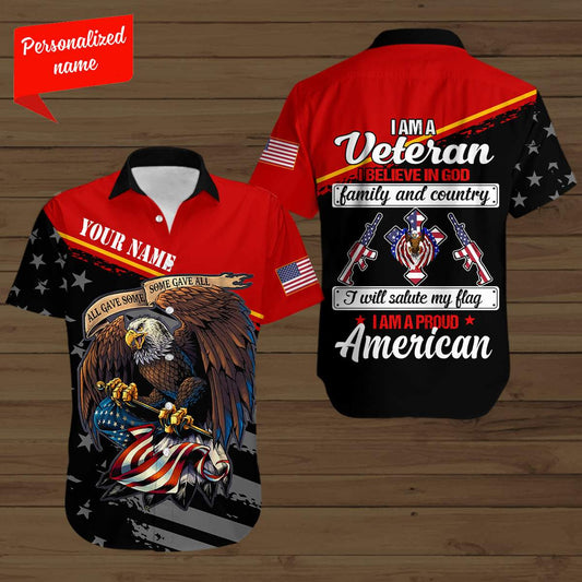 Custom Name Black Red Patriot Eagle I Believe In God I Am A American Unisex Hawaiian Shirts