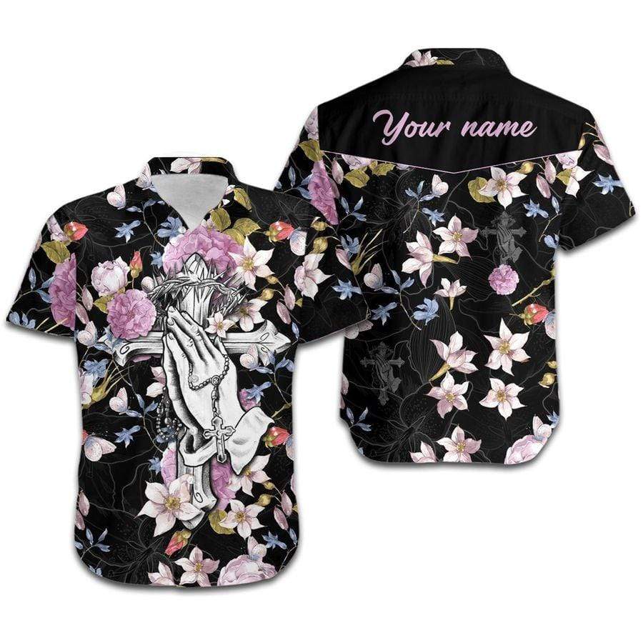 Hawaiian Aloha Shirts Jesus Hand Cross Floral Custom Name