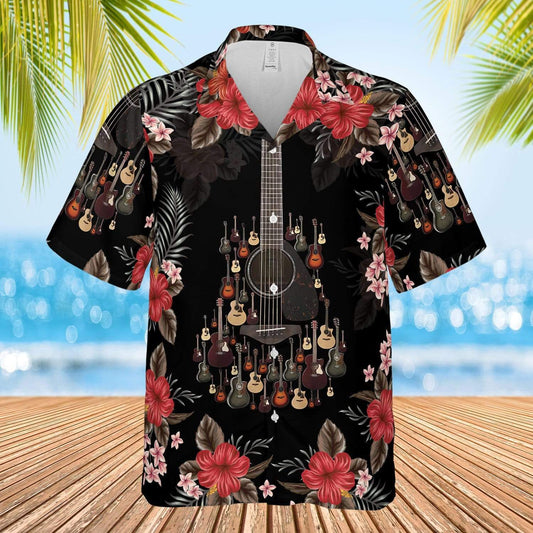 Amazing Guitar Combine Red Black Floral Unisex Hawaiian Shirts