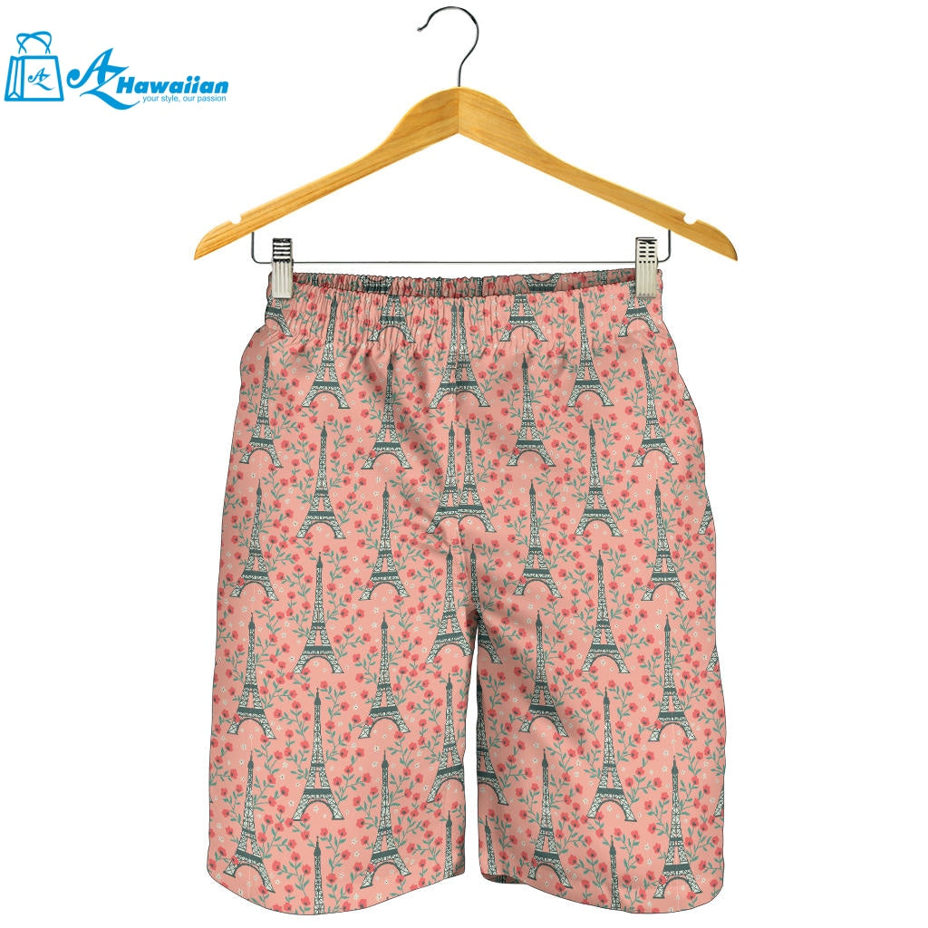 Eiffel Tower Flower Background Pattern Print Design 03 Men Shorts