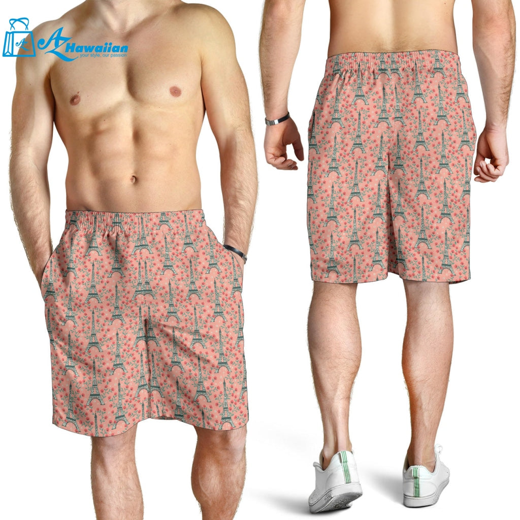 Eiffel Tower Flower Background Pattern Print Design 03 Men Shorts