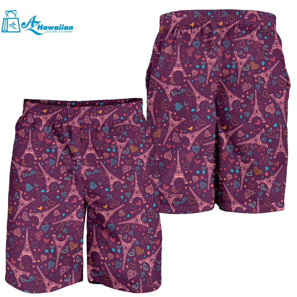 Eiffel Tower Heart Pattern Print Design 04 Men Shorts