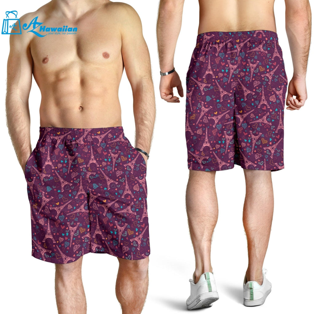 Eiffel Tower Heart Pattern Print Design 04 Men Shorts