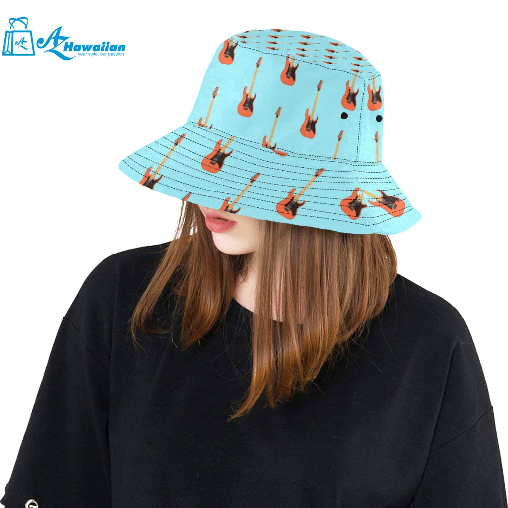 electric guitar pattern light blue background Unisex Bucket Hat