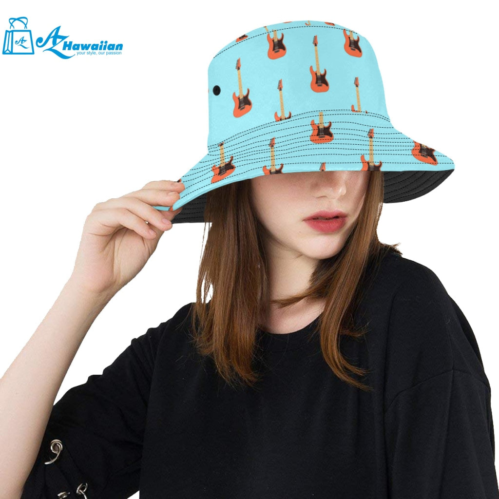 electric guitar pattern light blue background Unisex Bucket Hat