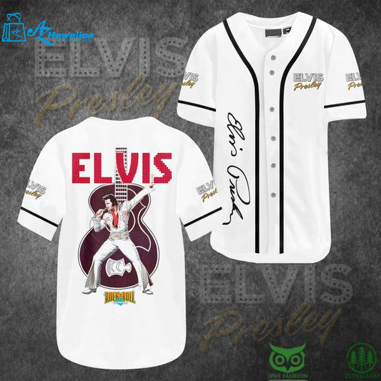 Elvis Presley Rock n Roll Guitar White Baseball Jersey Shirt