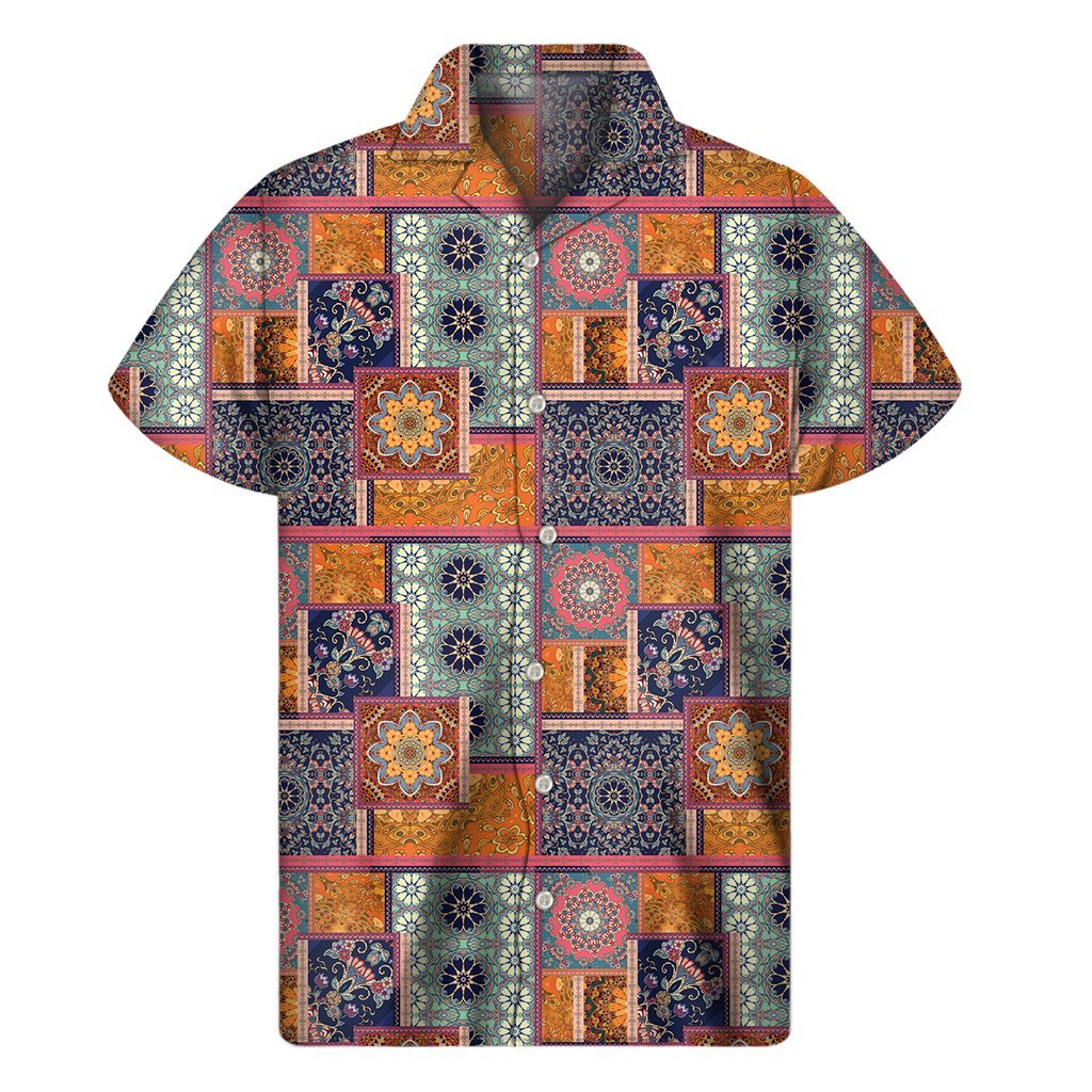 Ethnic Floral Patchwork Pattern Print Mens Short Sleeve Shirt Hawaiian