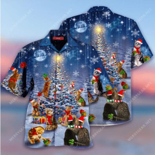 Cute Cat Under Snowy Christmas Tree Hawaiian Shirts