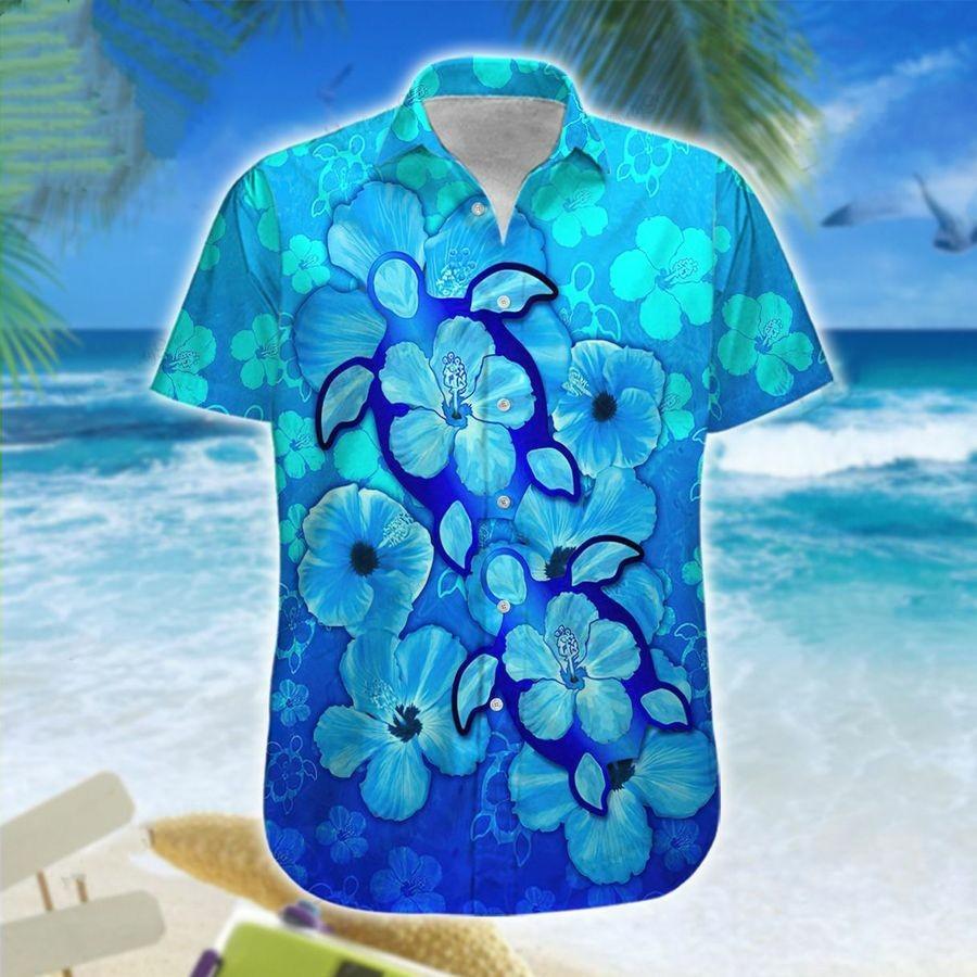 Hawaiian Aloha Shirts Turtle Blue Hibiscus