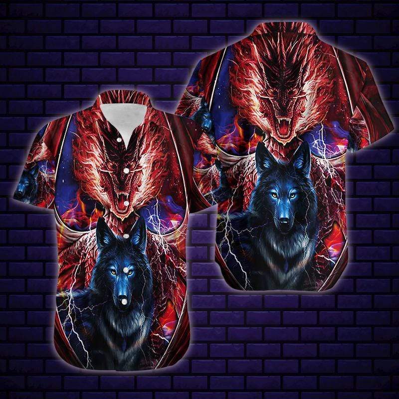 Hawaiian Aloha Shirts Dragon And Wolf Fantastic #202DH