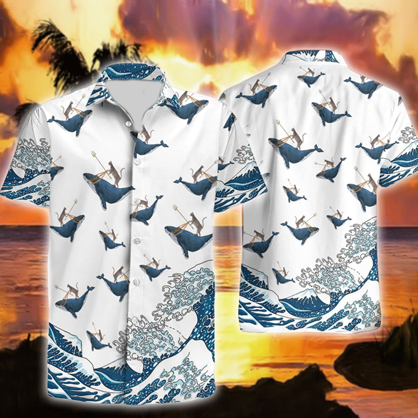 Cat Riding Whale Funny Hawaiian Shirt | For Men &amp;amp; Women | Adult | Hw8660