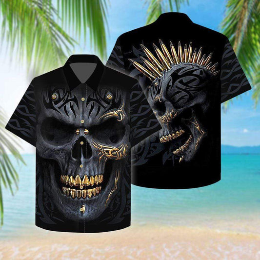 Gangster Skull Gold Bullets And Grillz Hawaiian Aloha Shirts #DH