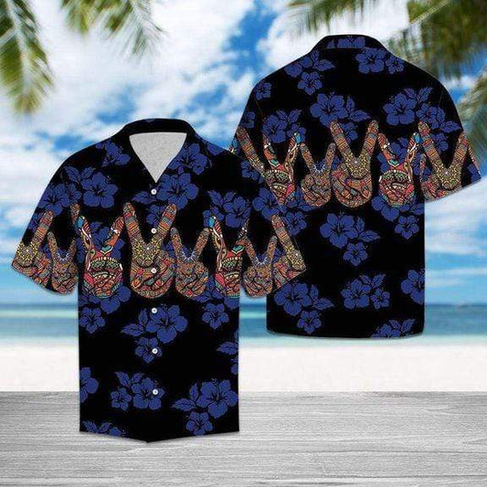 Blue Mandala Peace Symbol V Sign Hippie Hawaiian Aloha Shirts #DH