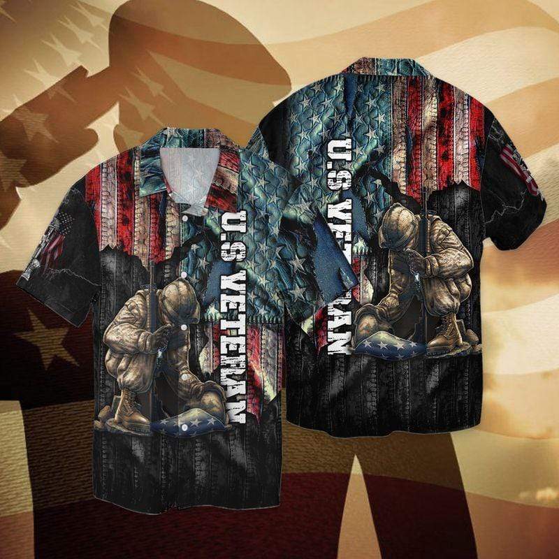 �Us Veteran Soldier American Flag color Hawaiian Aloha Shirts 