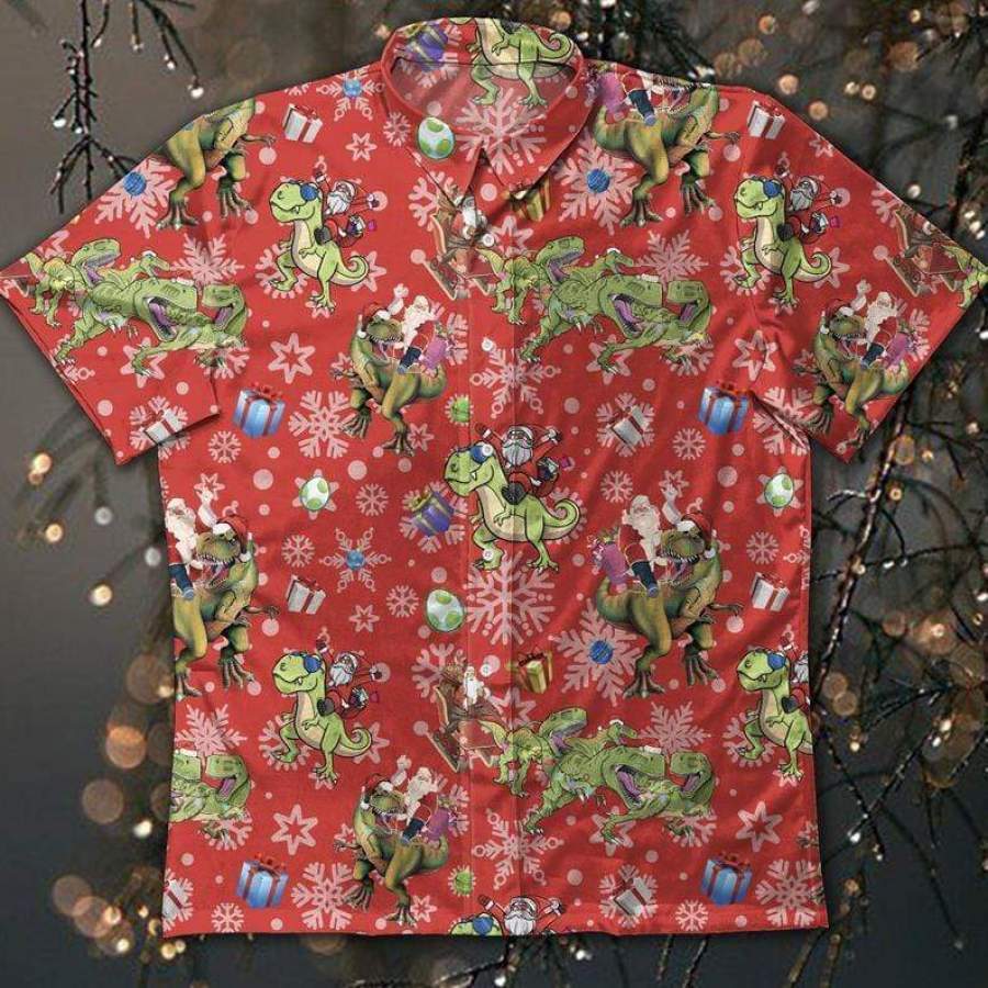 Funny Santa Claws &amp;amp; Dinosaur Christmas Hawaiian Aloha Shirts #V