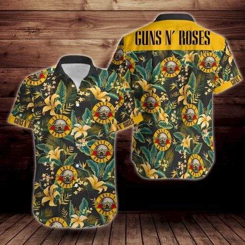 Gun And Roses Yellow Green Tropical Unisex Hawaiian Shirts