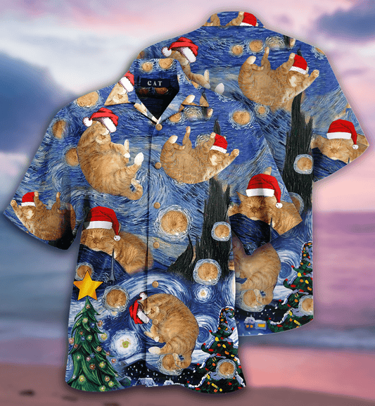 Hawaiian Aloha Shirts Starry Cat Christmas