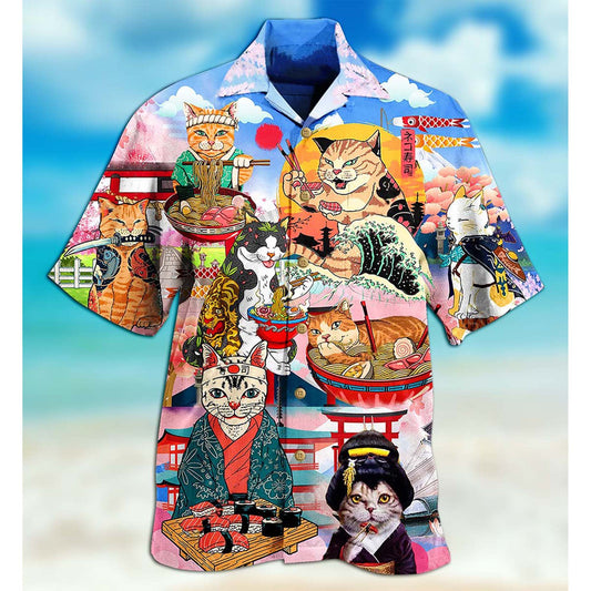 Kawaii Cats Samurai With Ramen Noodles Hawaiian Aloha Shirts