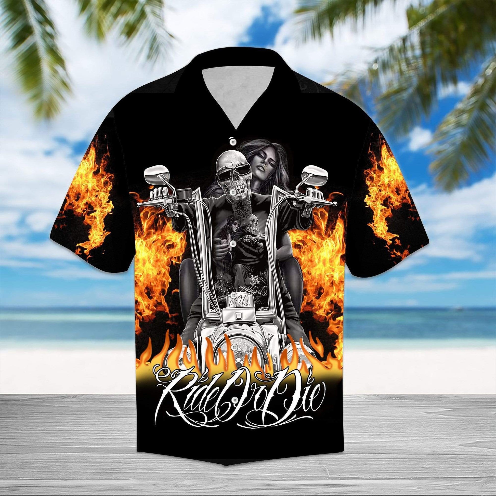 Flame American Motorcycles Gothic Skull Ride Or Die Hawaiian Aloha Shirts #KV