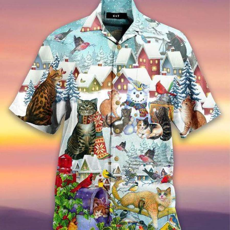 Cat And Bird Merry Christmas Hawaiian Aloha Shirts