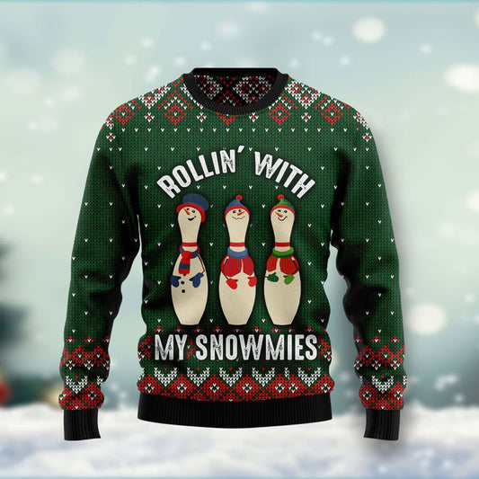 Bowling Rolling With My Snowmies Ugly Christmas Sweater 