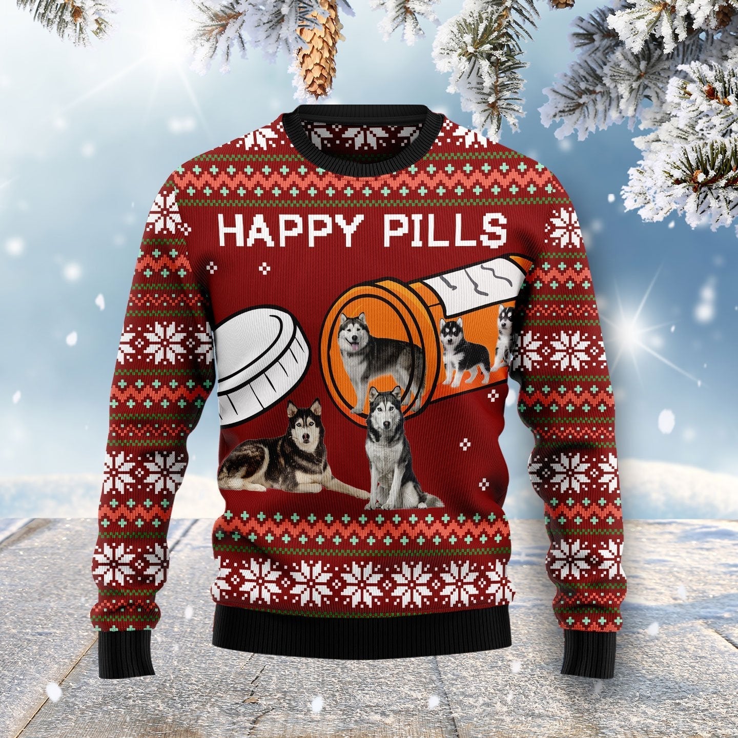 Merry Christmas Siberian Husky Dog Happy Pills Ugly Christmas Sweater 