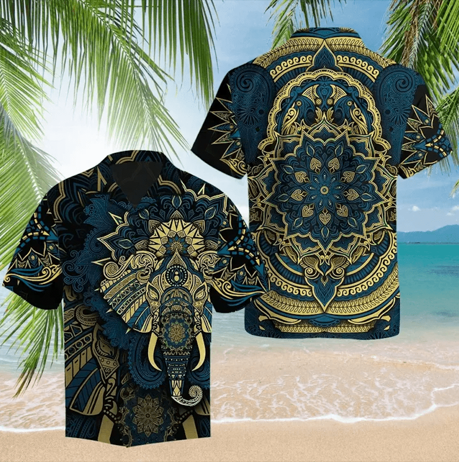 Royal Elephant Mandala Golden Turquoise Unisex Hawaiian Shirts