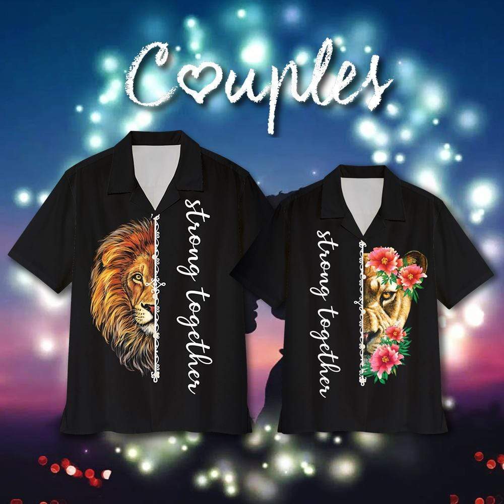 Black Pattern Lion Strong Together Couple Unisex Hawaiian Shirts #2705Dh