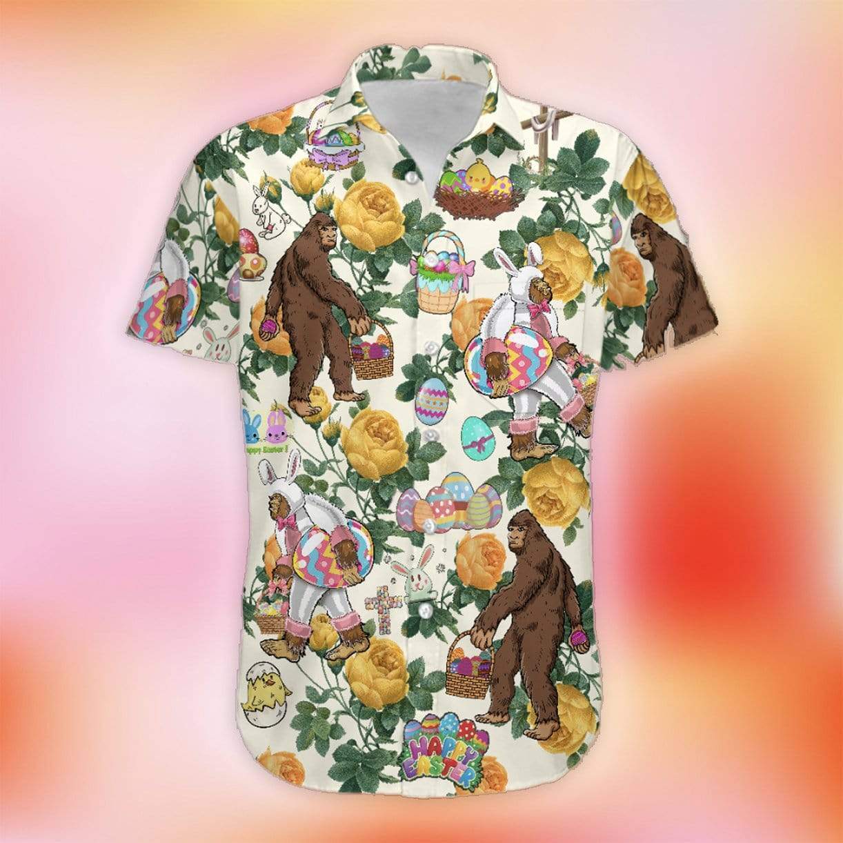 Happy Easter Bunny Bigfoot Hunting Eggs Unisex Hawaiian Aloha Shirts #DH