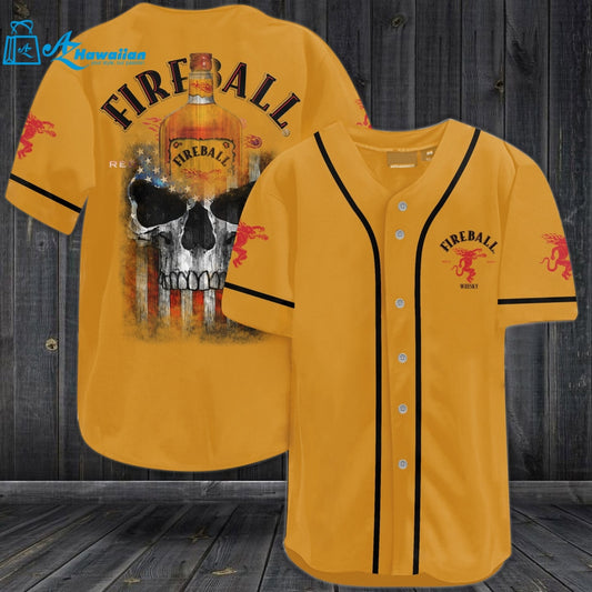 Fireball Cinnamon Whisky Skull USA Flag All Over Print Unisex Baseball Jersey 