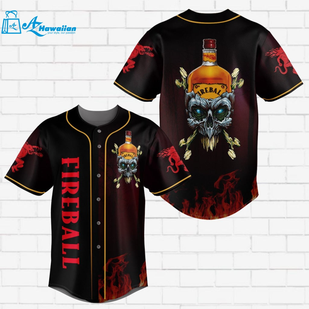 Fireball Flowery Skull Red Flame All Over Print Unisex Baseball Jersey 