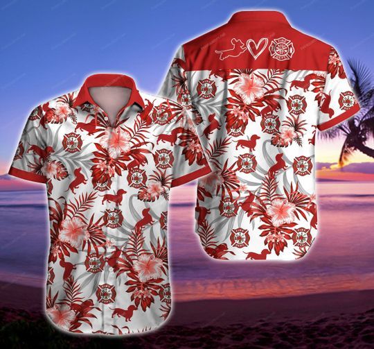 Firefighter Dachshund Hawaii Graphic Print Short Sleeve 