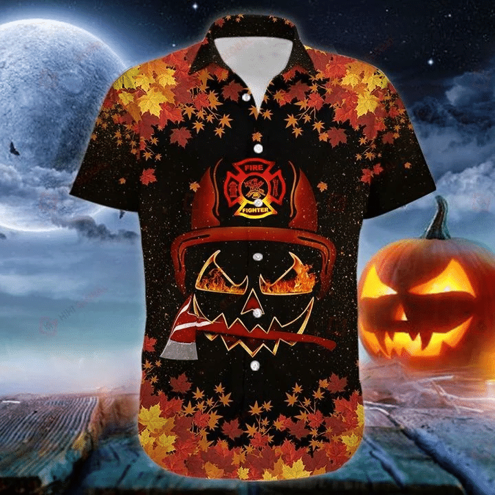 Firefighter Halloween Graphic Print Short Sleeve Hawaiian Shirt