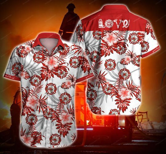 Firefighter Love Red Hawaiian Graphic Print Short Sleeve 