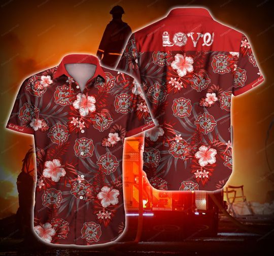 Firefighter Redd Love Red Hawaiian Graphic Print Short Sleeve 