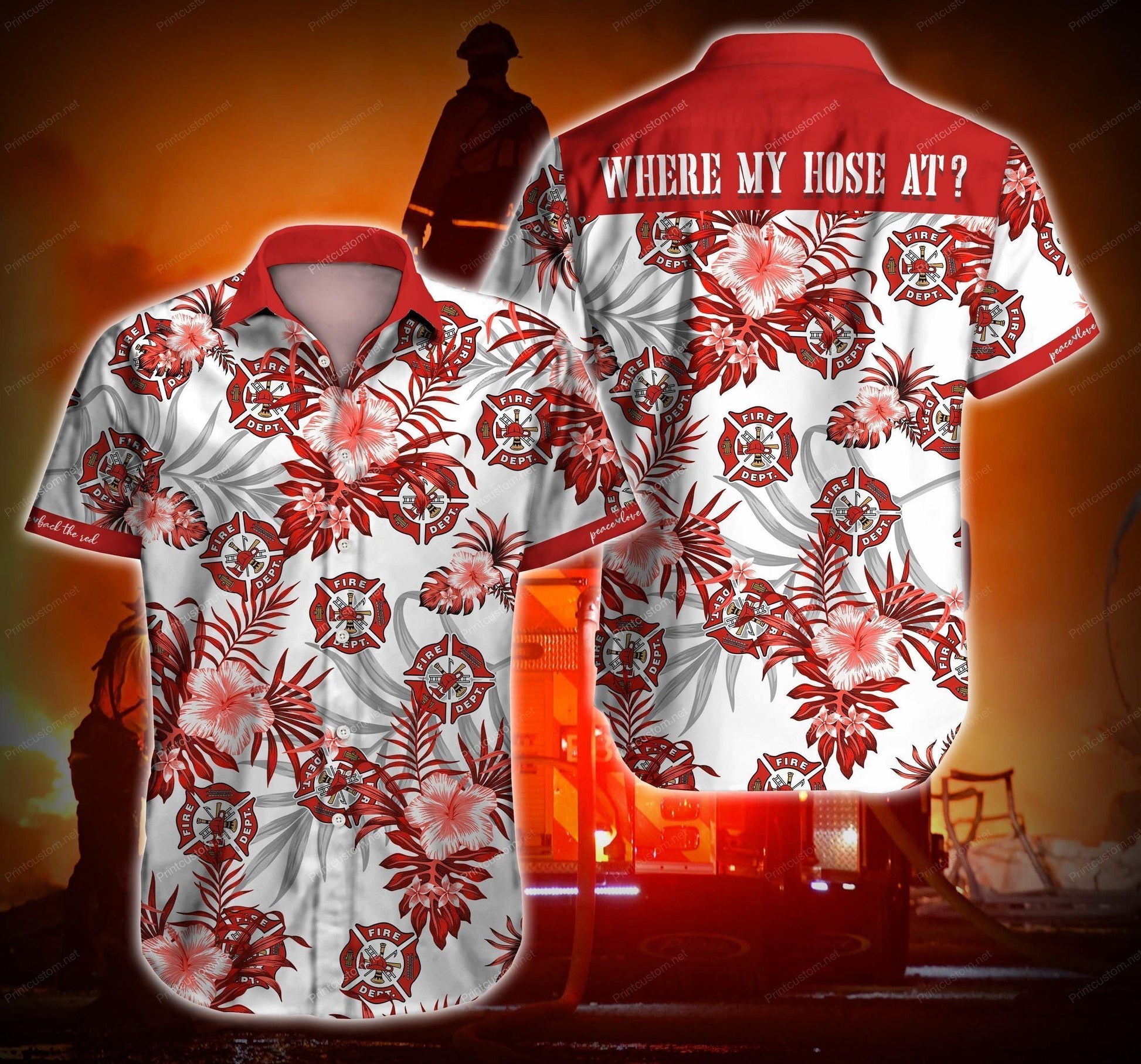 Firefighter Where My Hose At Hawaiian Graphic Print Short Sleeve 