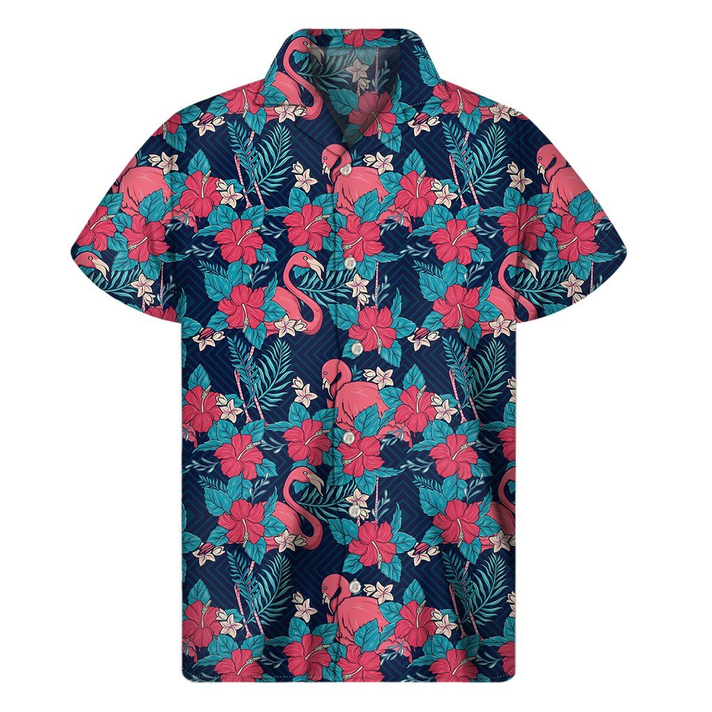 Flamingo And Hawaiian Floral Print Mens Short Sleeve Shirt