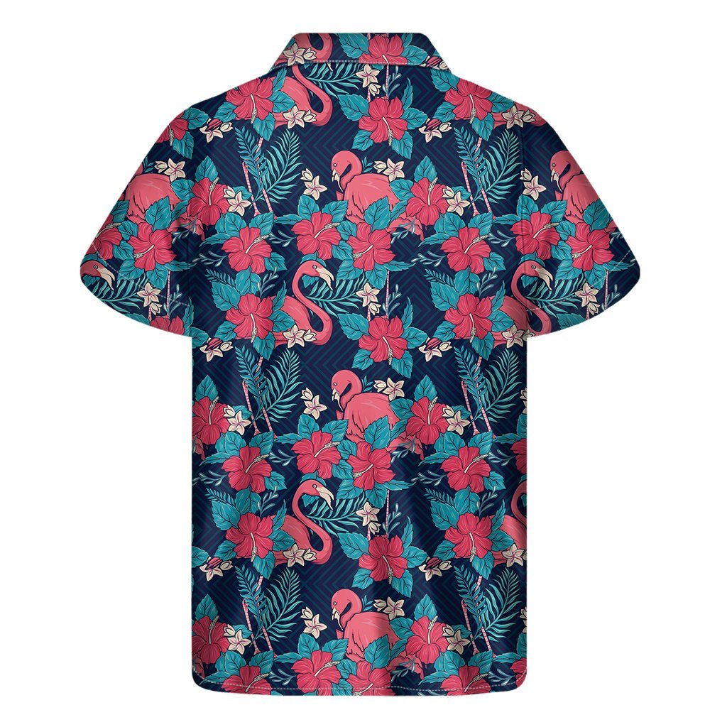 Flamingo And Hawaiian Floral Print Mens Short Sleeve Shirt