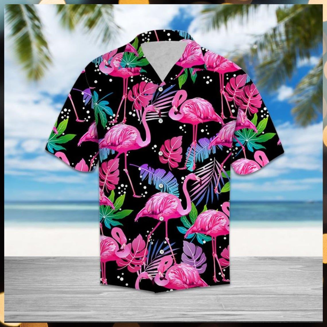 Flamingo Leaf Summer Hawaiian Graphic Print Short Sleeve 