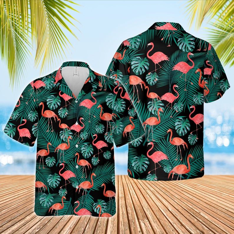 Flamingo Palm Hawaiian Graphic Print Short Sleeve 